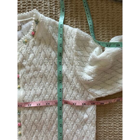 Vintage 60s 70s Dayne Taylor Cardigan Sweater White Floral Embroidered Japan - Picture 4 of 5